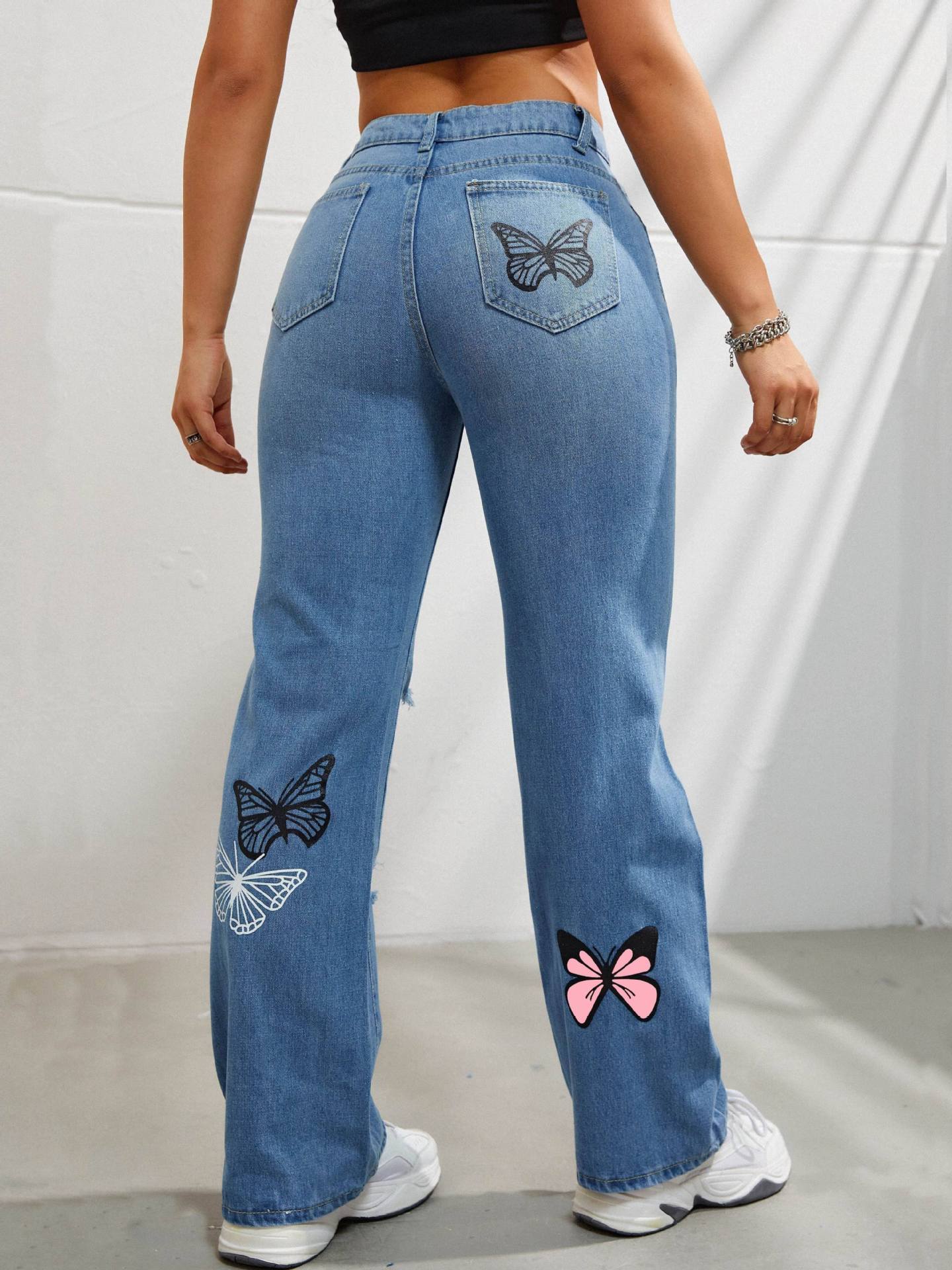 High-Waisted Butterfly Print Ripped Jeans