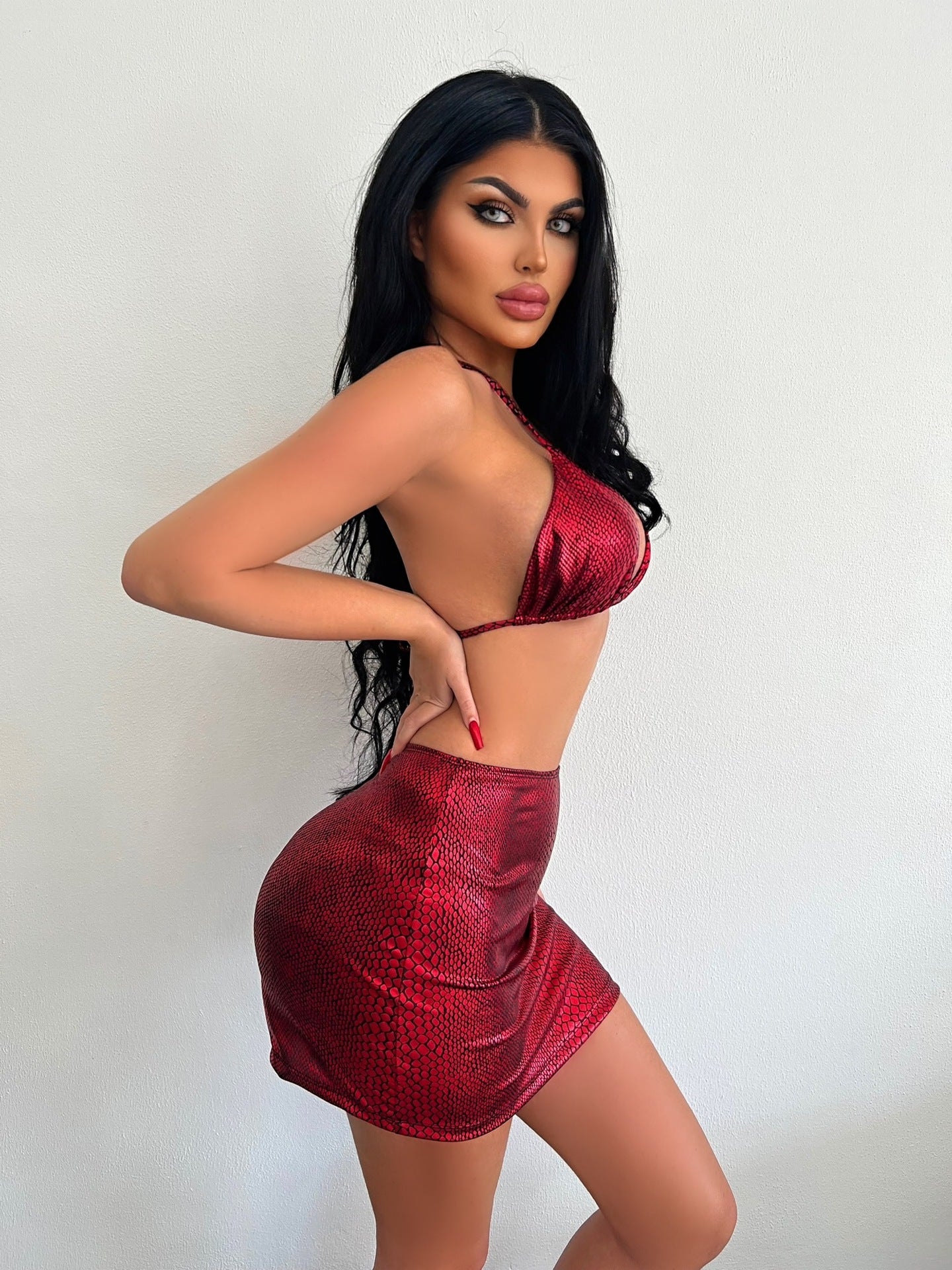 3 Piece Halter Snake Pattern Swimsuit