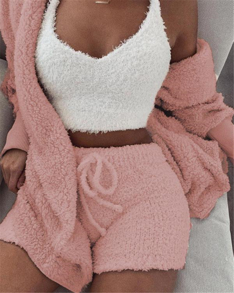 3pcs Crop Tank Top And Drawstring Shorts Pajama Set