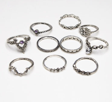 Purple Diamond Ring Set – 10pcs Hollow, Twist & Crown Design Fashion Rings for Women