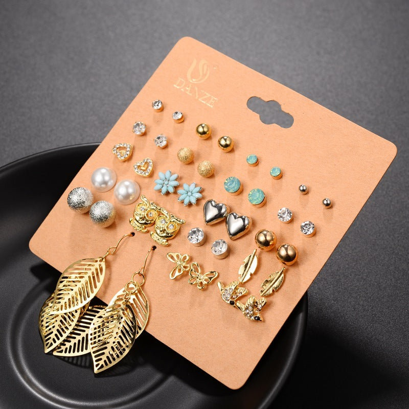 Multi-Style Earring Set – Heart, Butterfly, Leaf & Rhinestone Studs
