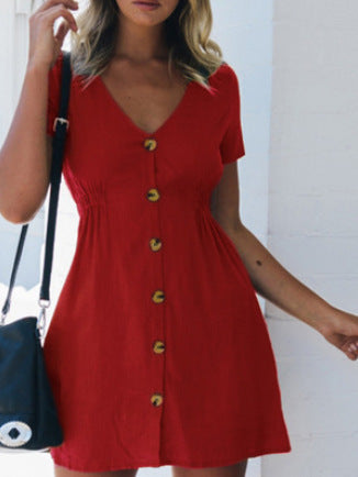 V-neck Slim Single Row Button Dress