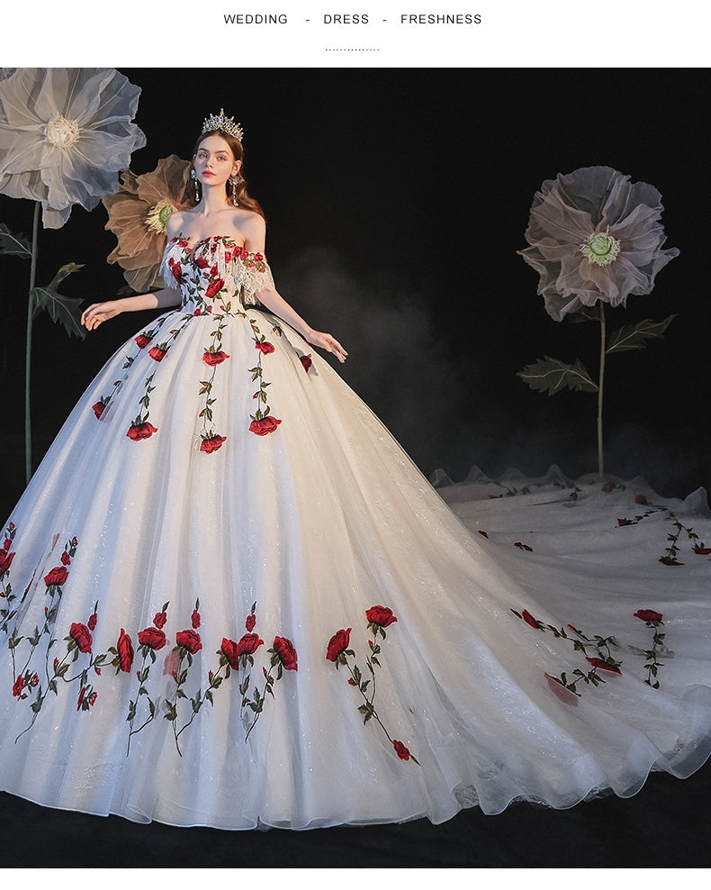 Mori Style Red Flowers Gown Wedding Dress