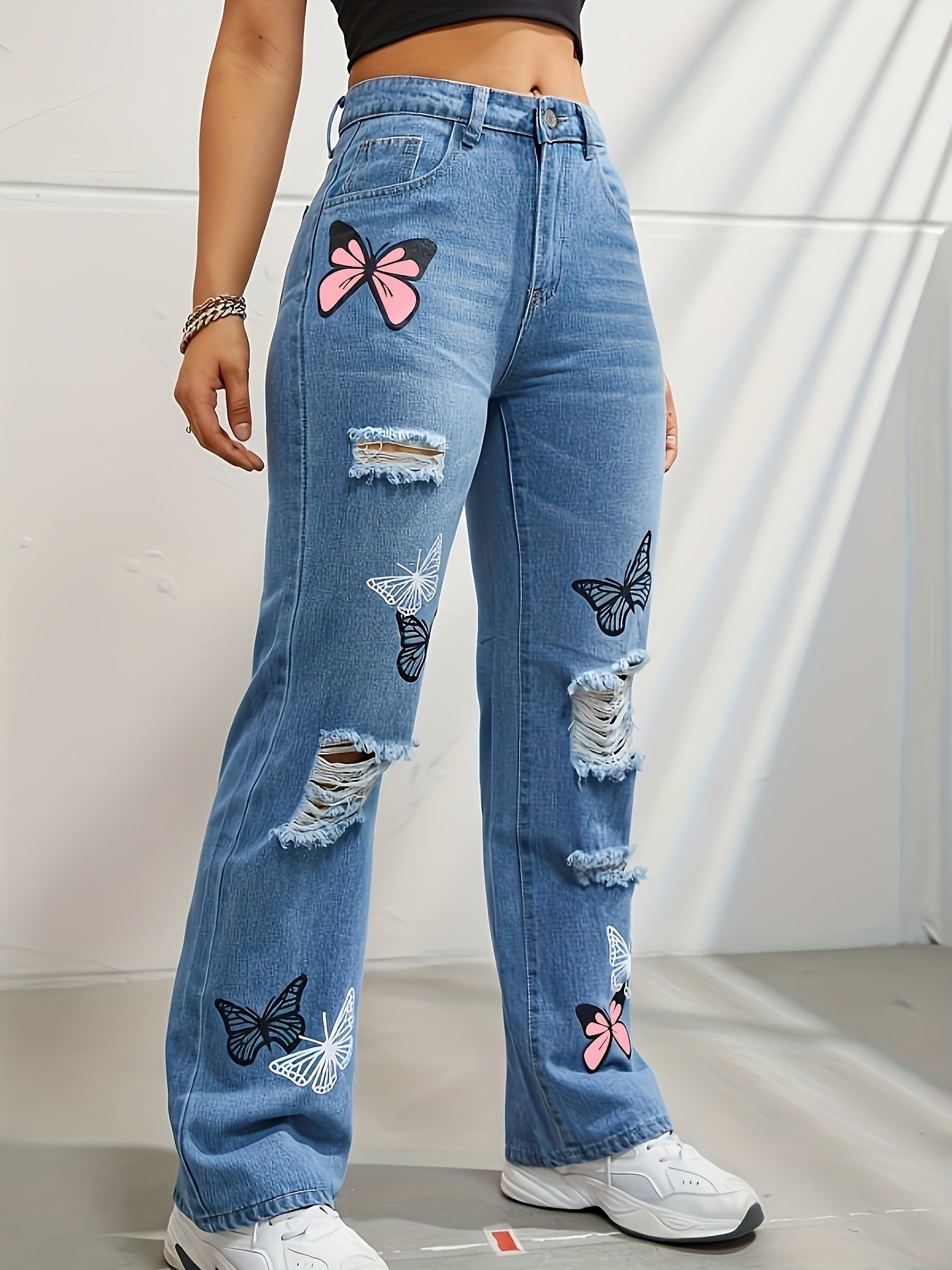 High-Waisted Butterfly Print Ripped Jeans