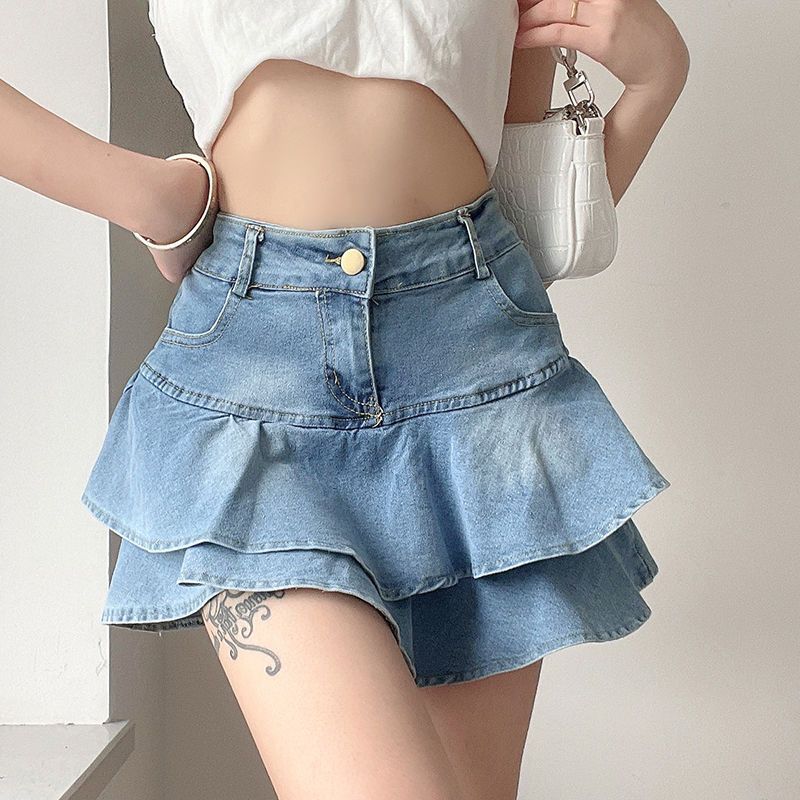 Ruffled Double-Layer Denim Skirt