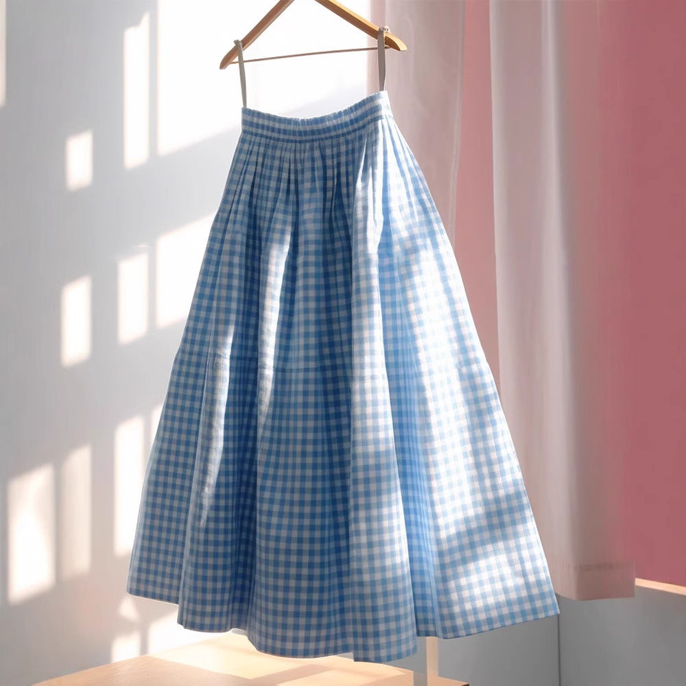 French High Waisted A-line Plaid Linen Skirt