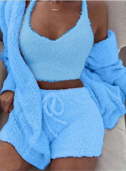 3pcs Crop Tank Top And Drawstring Shorts Pajama Set