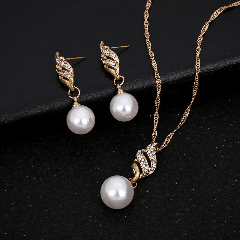 Pearl Diamond Necklace Set Earrings wavy lines