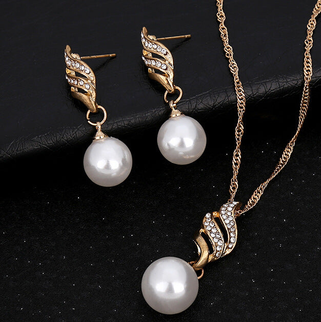 Pearl Diamond Necklace Set Earrings wavy lines