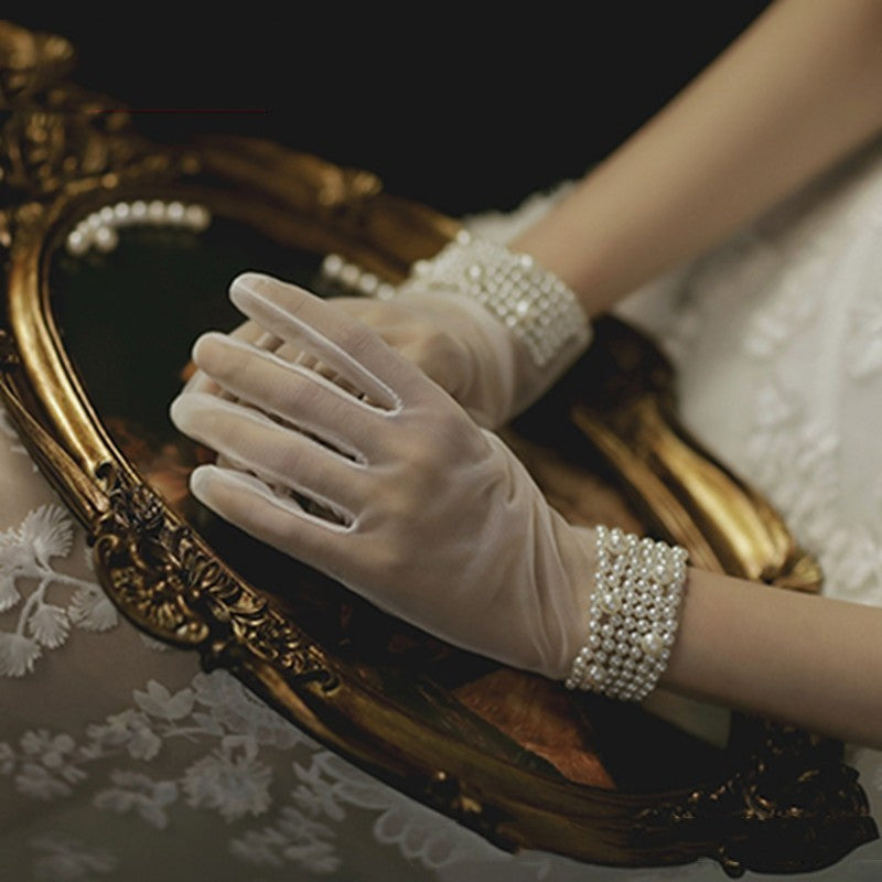 Pearl Lace Bow Wedding Gloves