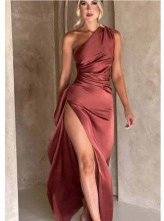Sexy One-shoulder Backless Slit Satin Dress