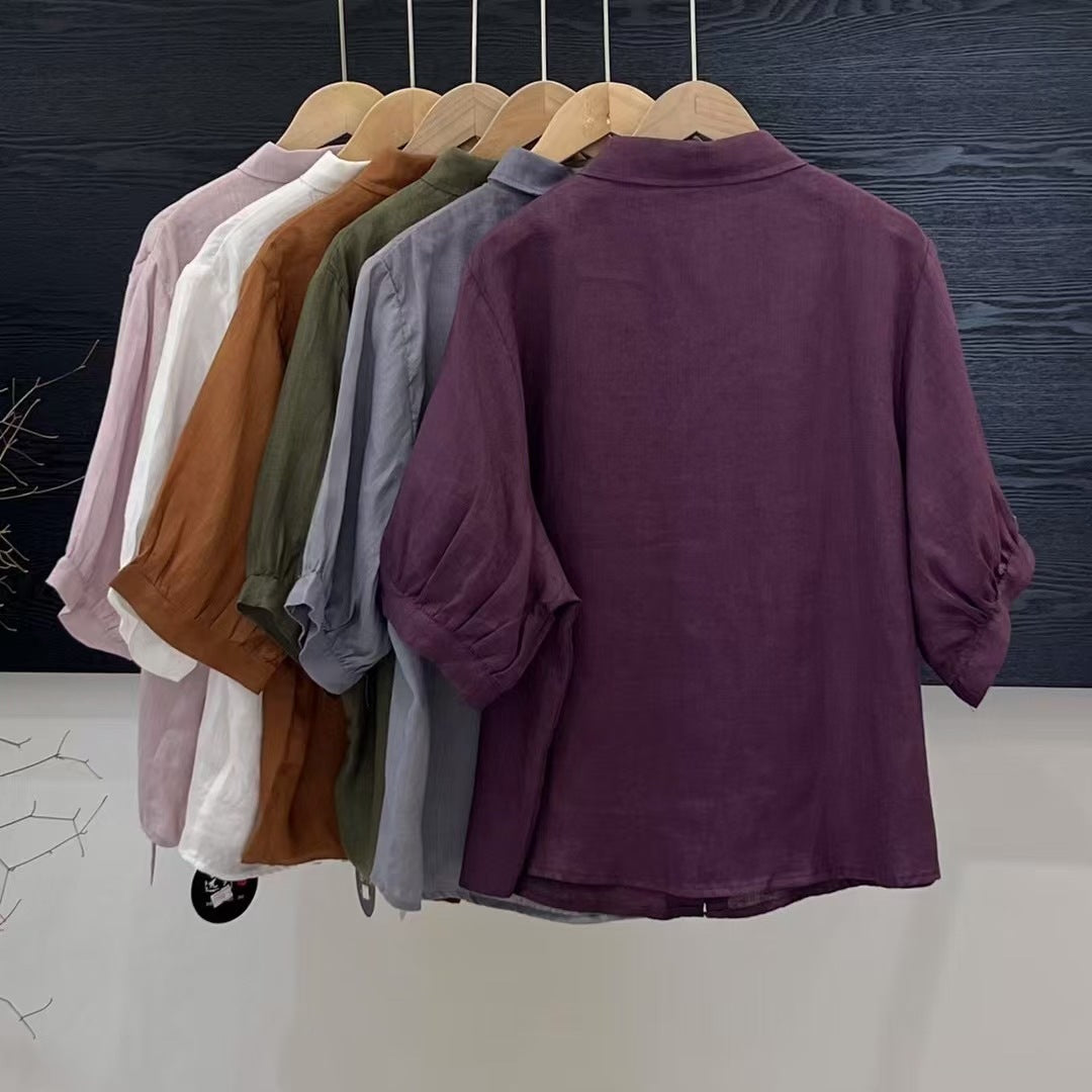 Versatile Breathable Solid Color Linen Women's Shirt