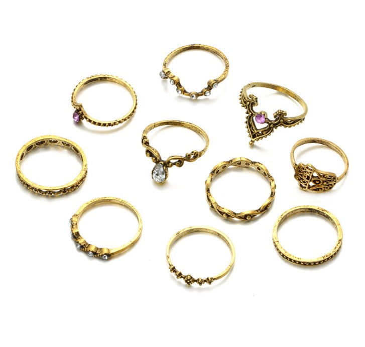 Purple Diamond Ring Set – 10pcs Hollow, Twist & Crown Design Fashion Rings for Women