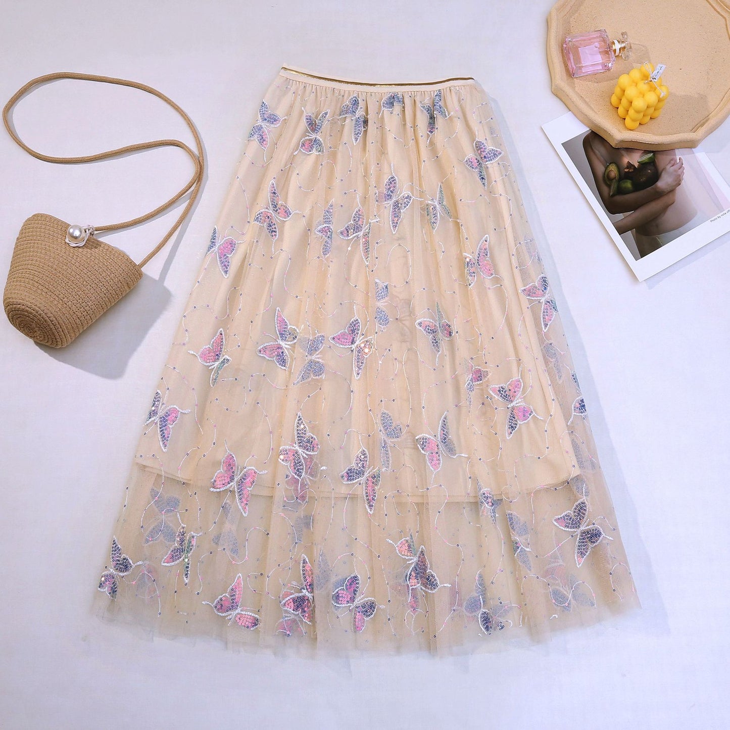 Sequin butterfly pleated skirt