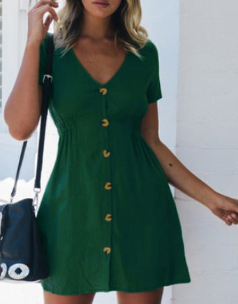 V-neck Slim Single Row Button Dress