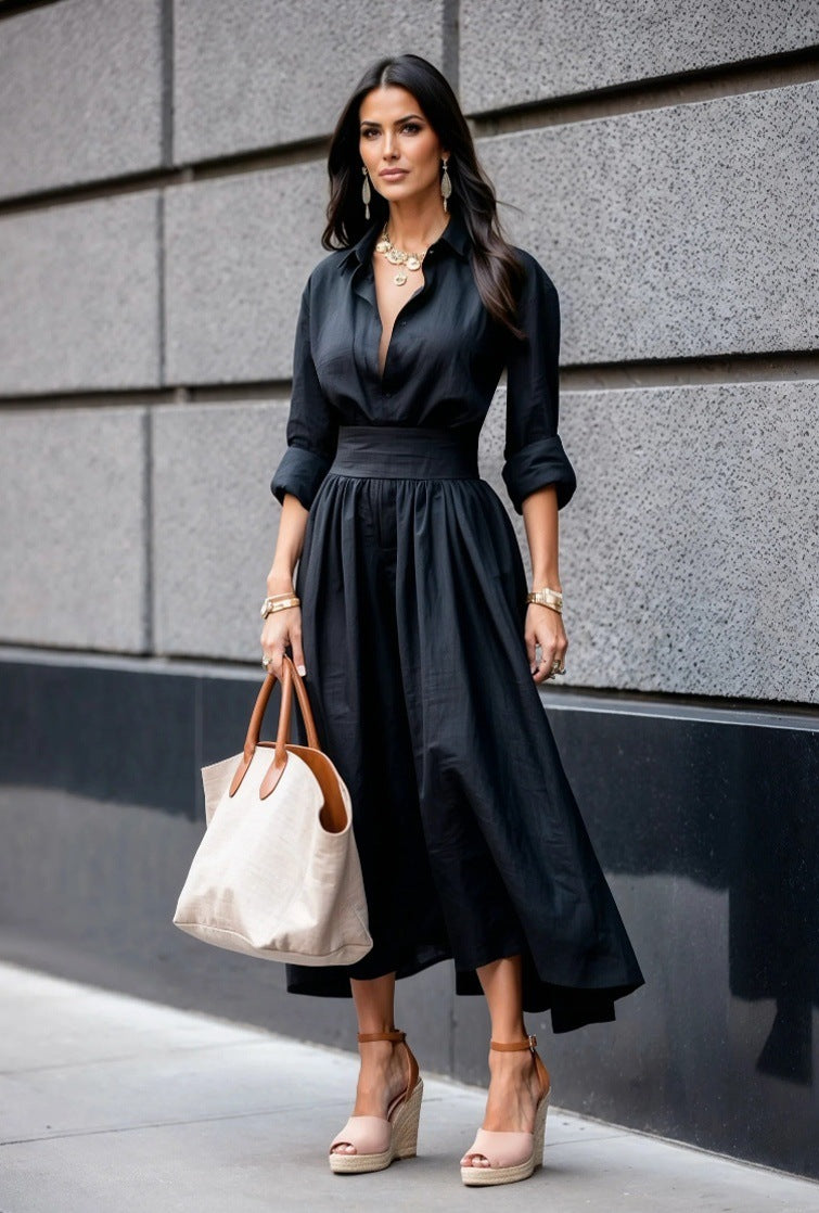 V-neck Snatched Waist Long Dress