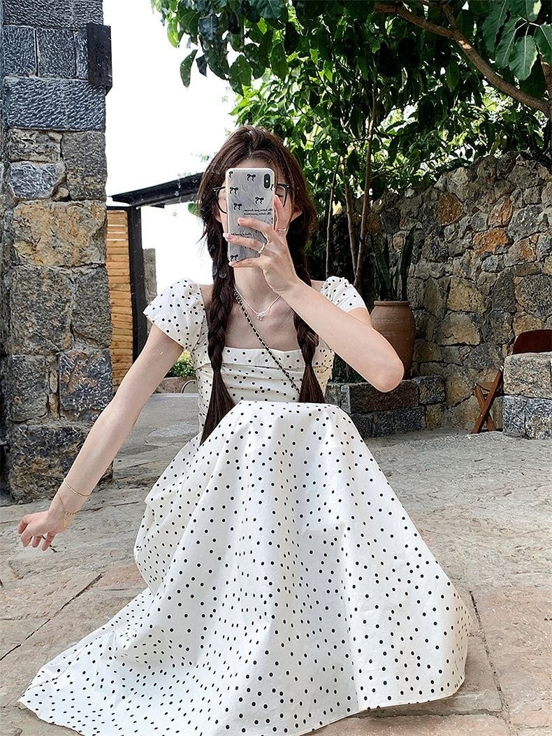 French Square Collar Polka Dot Dress