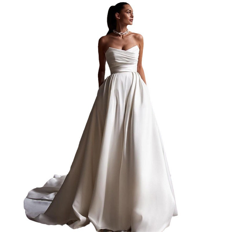 White Satin Tube Top Wedding Dress