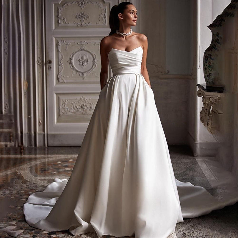 White Satin Tube Top Wedding Dress