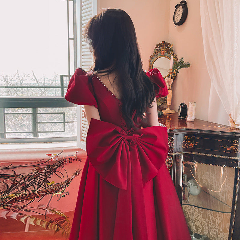 Wine Red Satin French Dress
