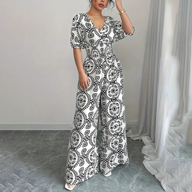 Short Sleeve V Neck Smocked Wide Leg Jumpsuit