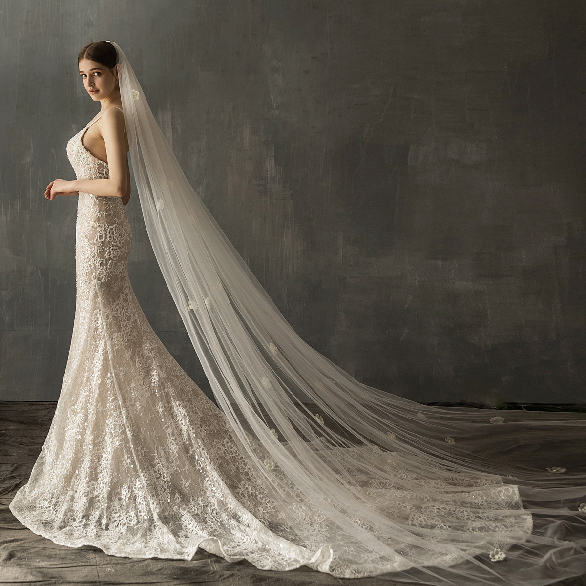 Pearl Tulle Long Tail Wedding Veil