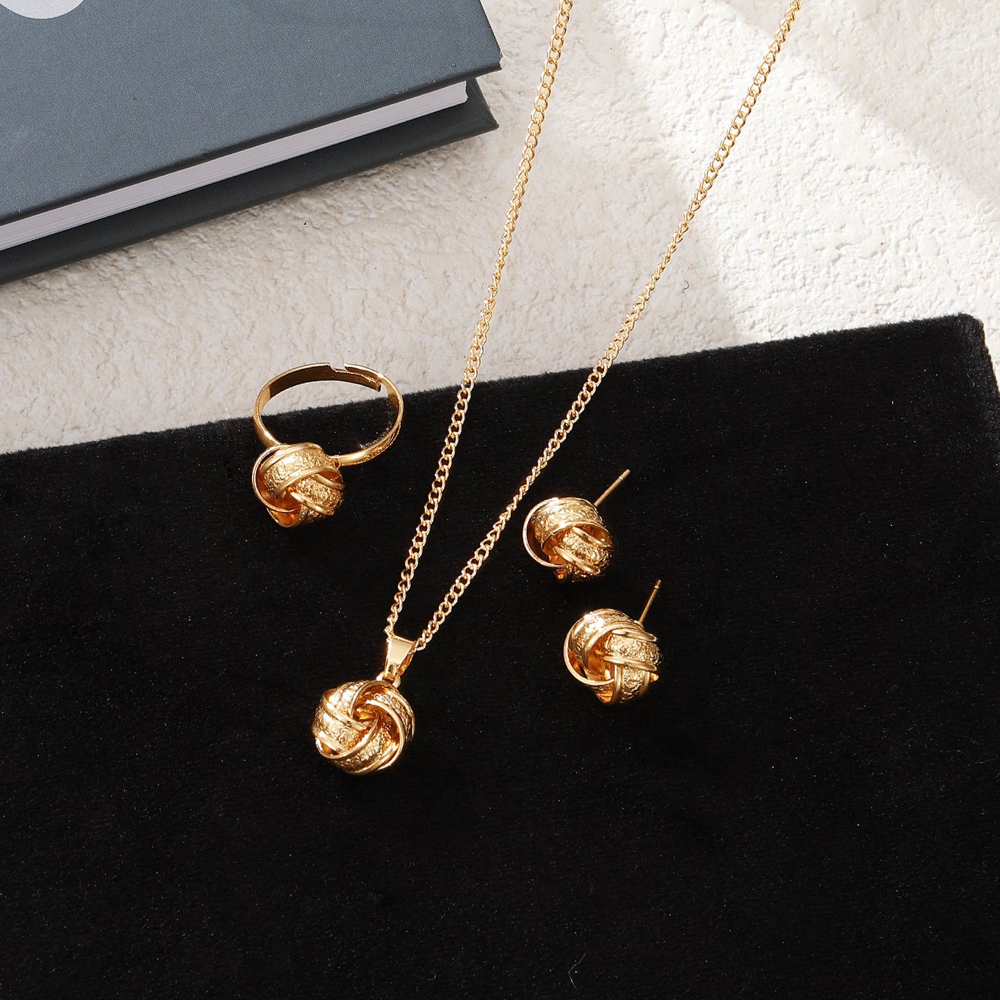 Twisted Bends And Hitches Creative Knotted Necklace Ear Stud Ring Jewelry Set