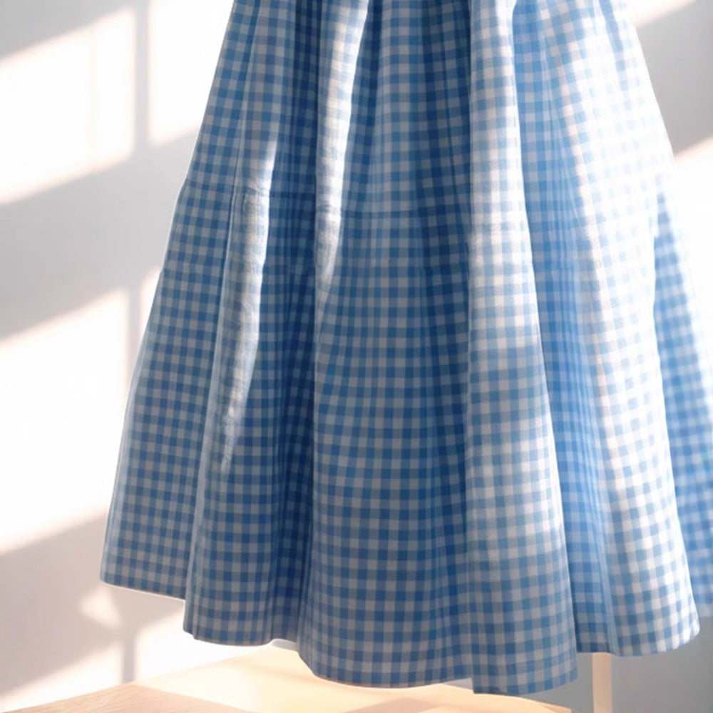 French High Waisted A-line Plaid Linen Skirt