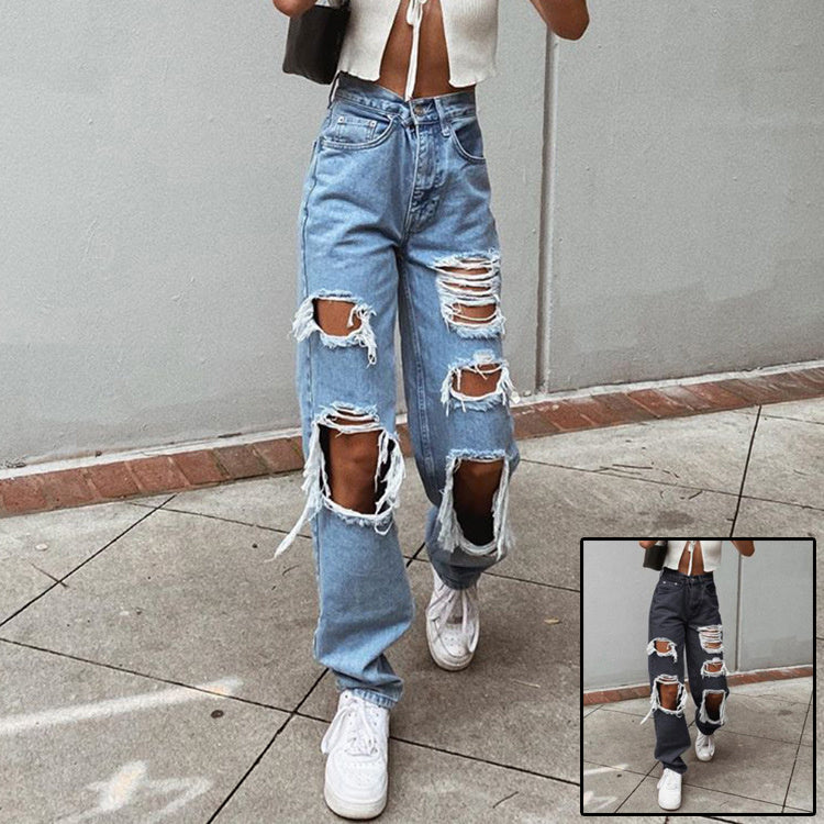 Retro High Waist Ripped Wide-Leg Jeans