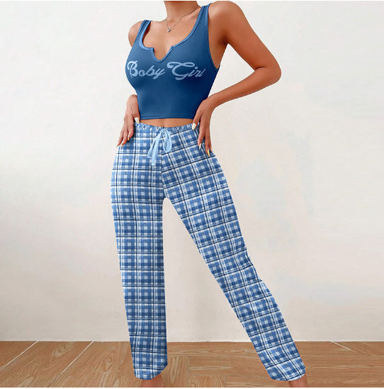 Plaid Trousers & Tee Pajama Set