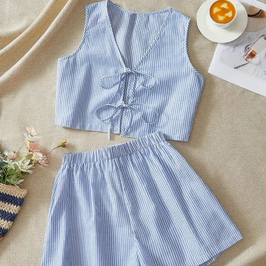 Striped Knit Tank Top And High-Waist Loose Shorts Set