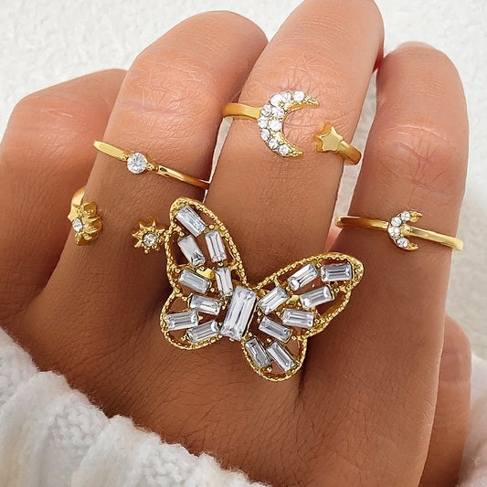 5-Piece Gold Butterfly Moon Ring Set – Women’s Fashion Jewelry
