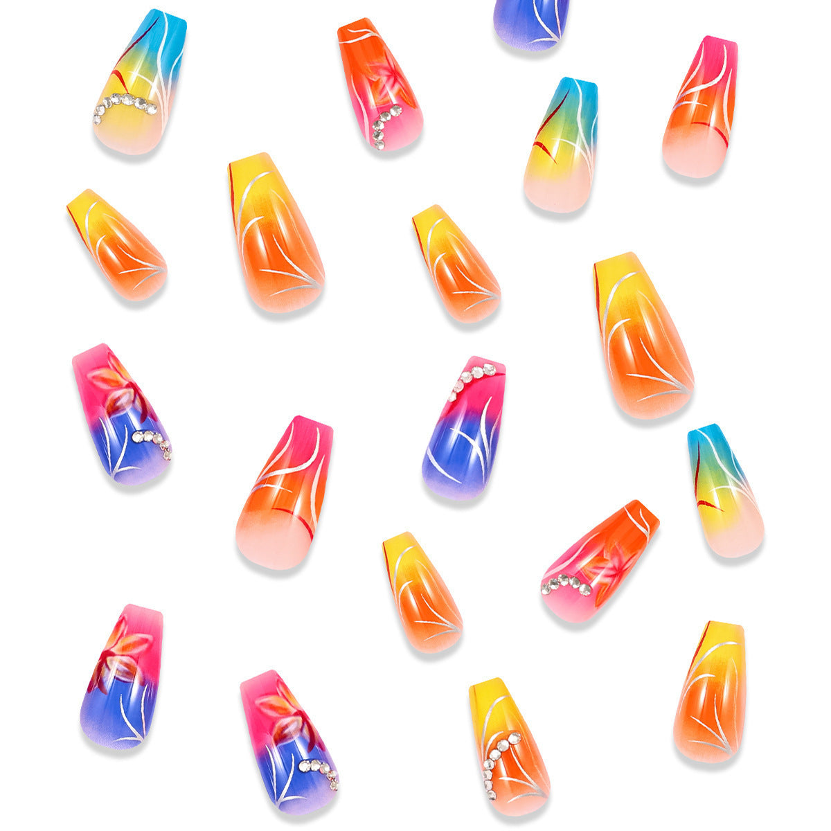 Color Gradient Flower Rhinestone Nails