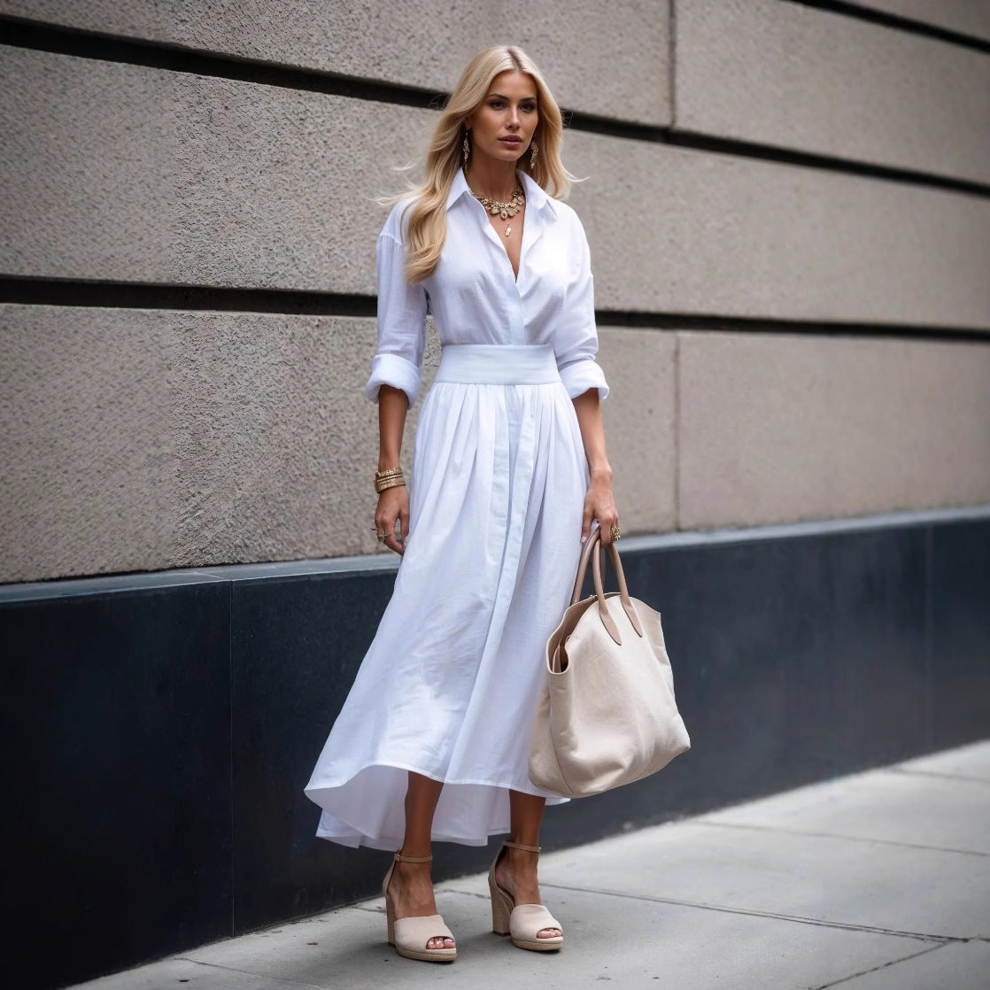 V-neck Snatched Waist Long Dress