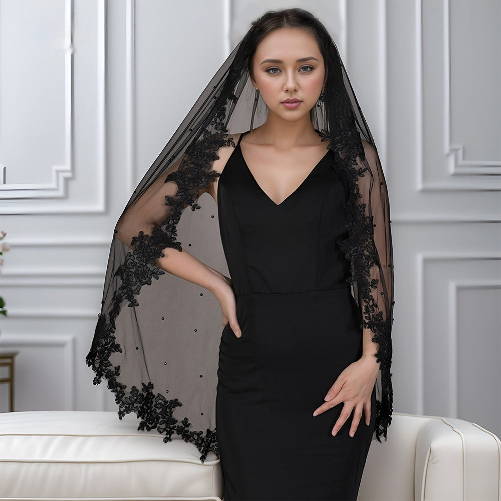 Black Lace Pearl Bridal Veil