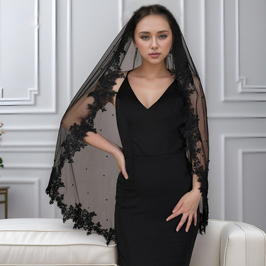 Black Lace Pearl Bridal Veil
