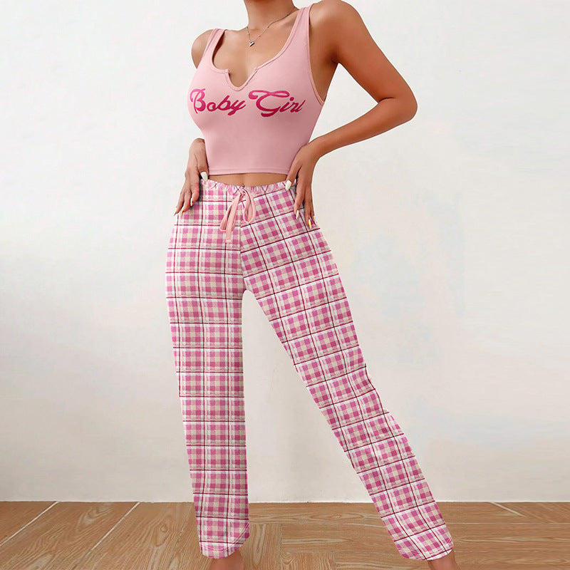 Plaid Trousers & Tee Pajama Set