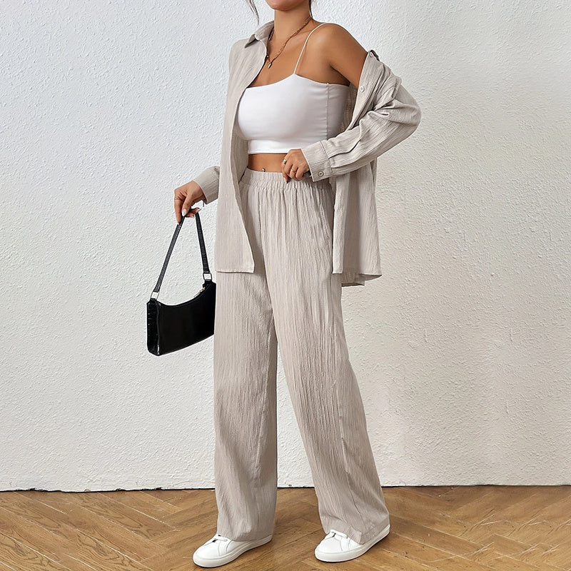 2 Piece Casual Long Sleeve Shirt And Wide Leg Pant Sets