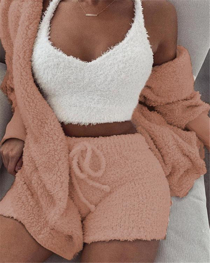 3pcs Crop Tank Top And Drawstring Shorts Pajama Set