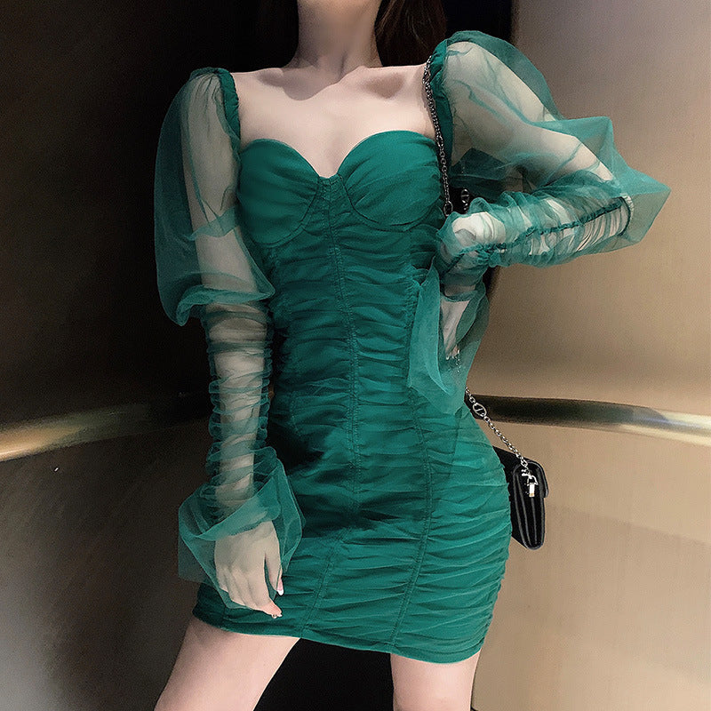Puff sleeve mesh gauze dress