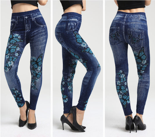 Butterfly Print Imitation Denim Leggings