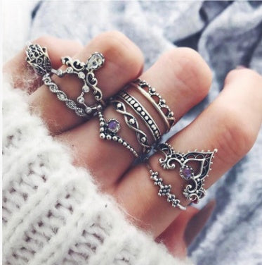 Purple Diamond Ring Set – 10pcs Hollow, Twist & Crown Design Fashion Rings for Women