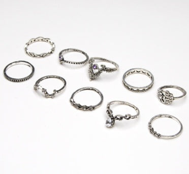 Purple Diamond Ring Set – 10pcs Hollow, Twist & Crown Design Fashion Rings for Women