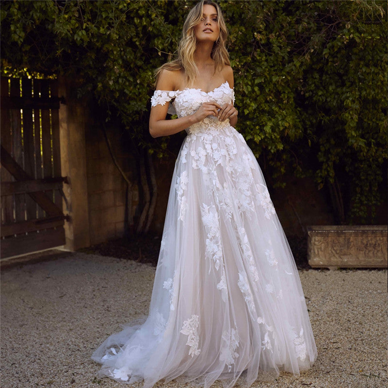 A-Line Lace Off The Shoulder Wedding Dresses