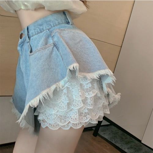Lace Top & High-Waisted Denim Shorts Set