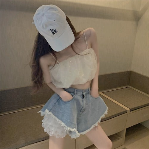 Lace Top & High-Waisted Denim Shorts Set