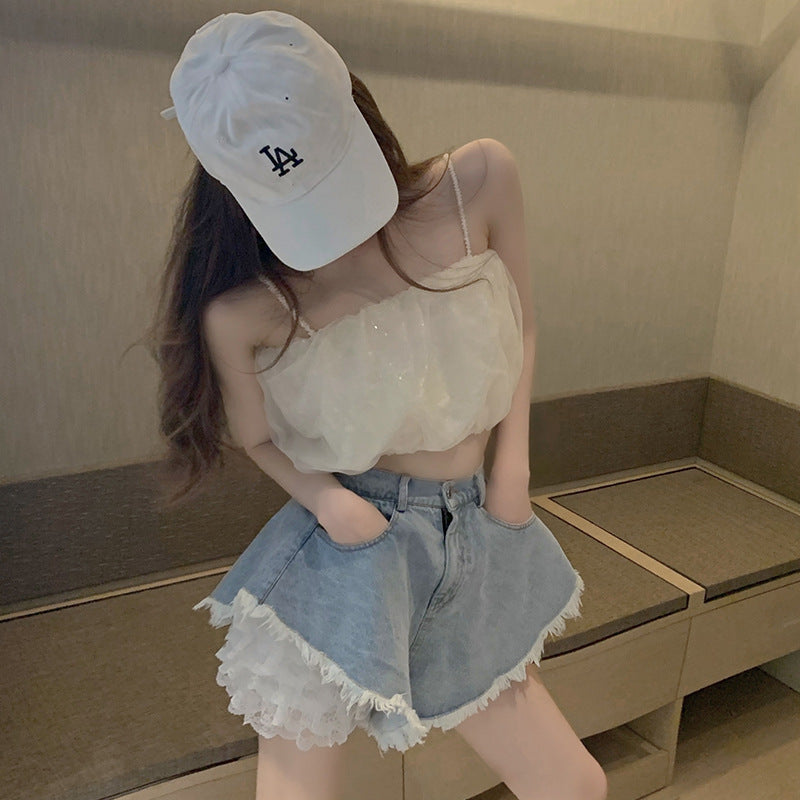 Lace Top & High-Waisted Denim Shorts Set
