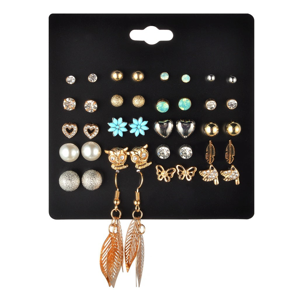 Multi-Style Earring Set – Heart, Butterfly, Leaf & Rhinestone Studs