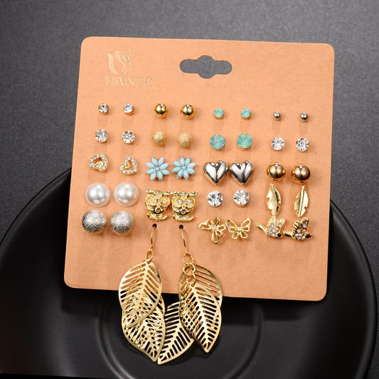 Multi-Style Earring Set – Heart, Butterfly, Leaf & Rhinestone Studs