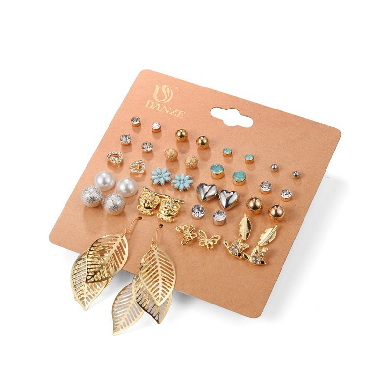 Multi-Style Earring Set – Heart, Butterfly, Leaf & Rhinestone Studs
